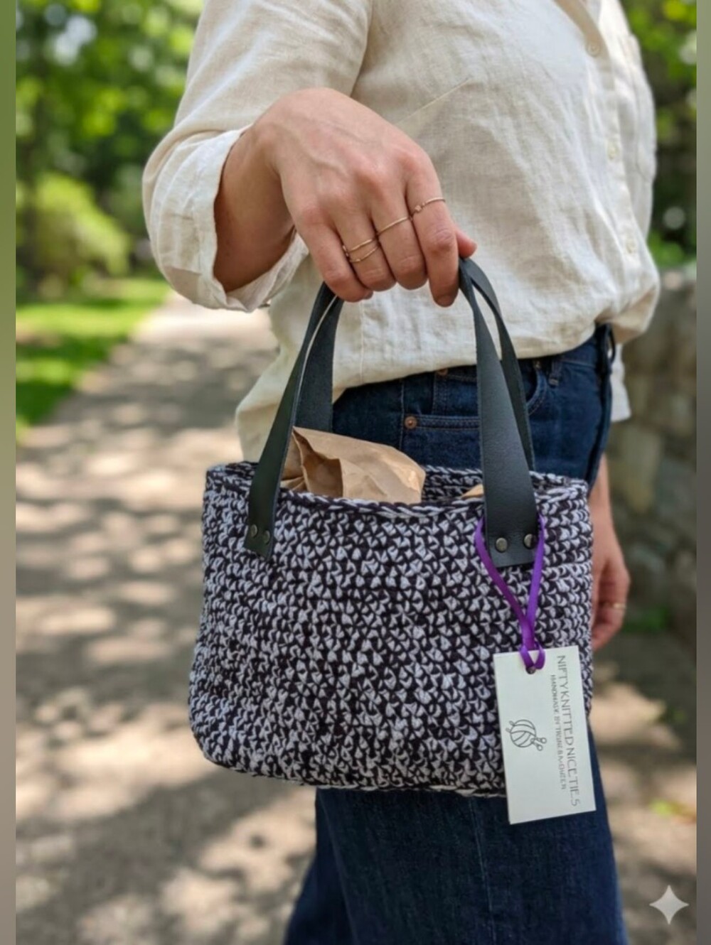 Handmade Crochet Mini Bucket Bag Genuine Leather Handles Black Gray